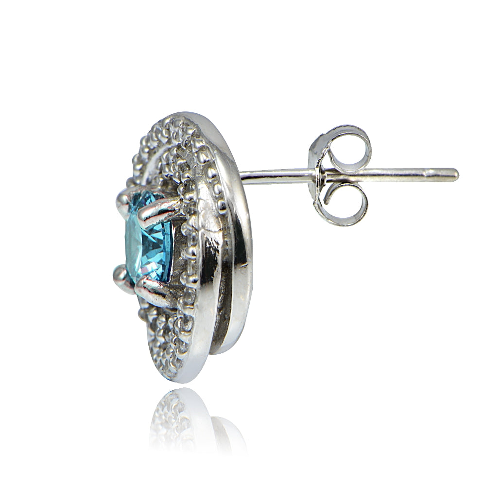 Platinum Plated Sterling Silver 100 Facets Light Blue Cubic Zirconia Love Knot Stud Earrings-3