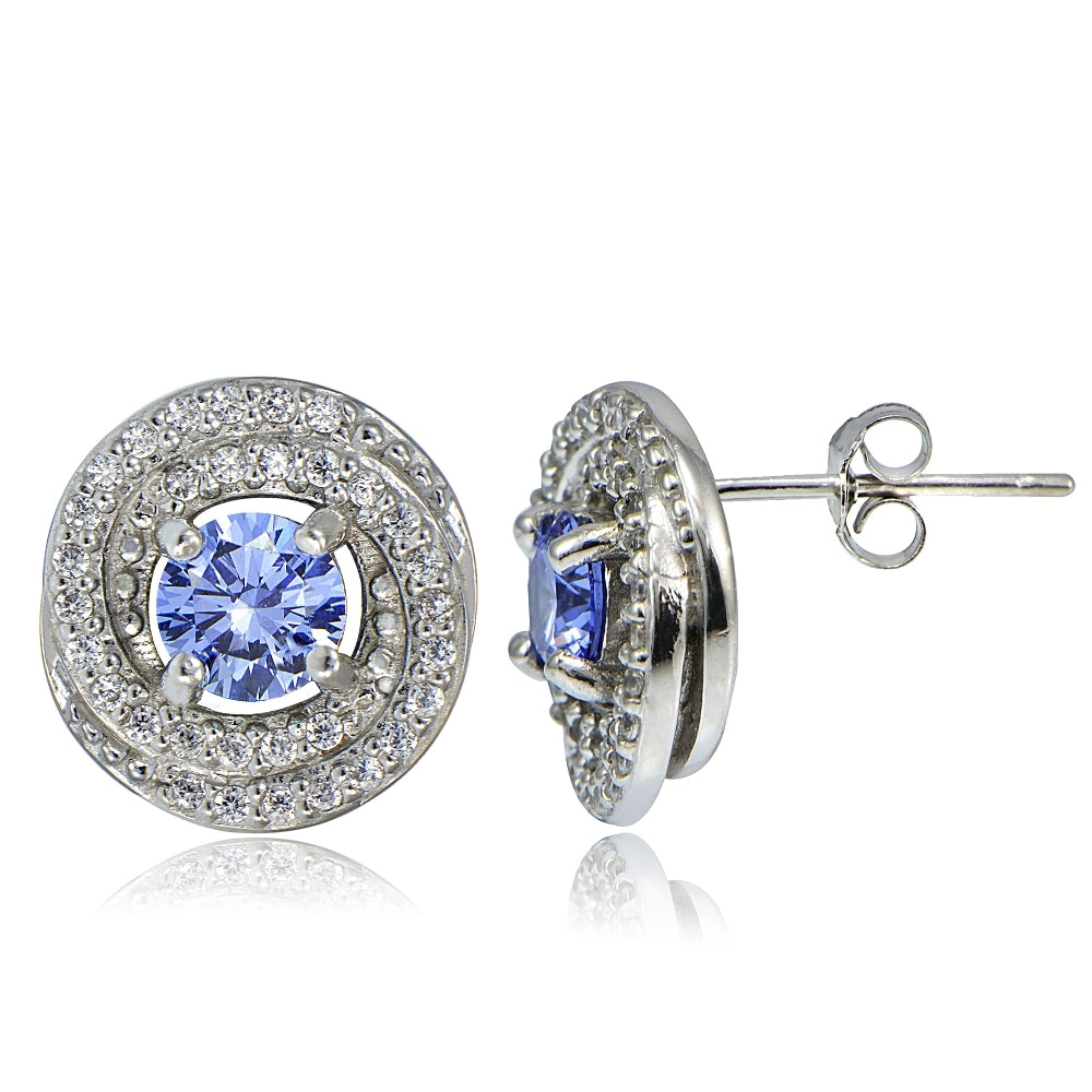 Platinum Plated Sterling Silver 100 Facets Blue Violet Cubic Zirconia Love Knot Stud Earrings