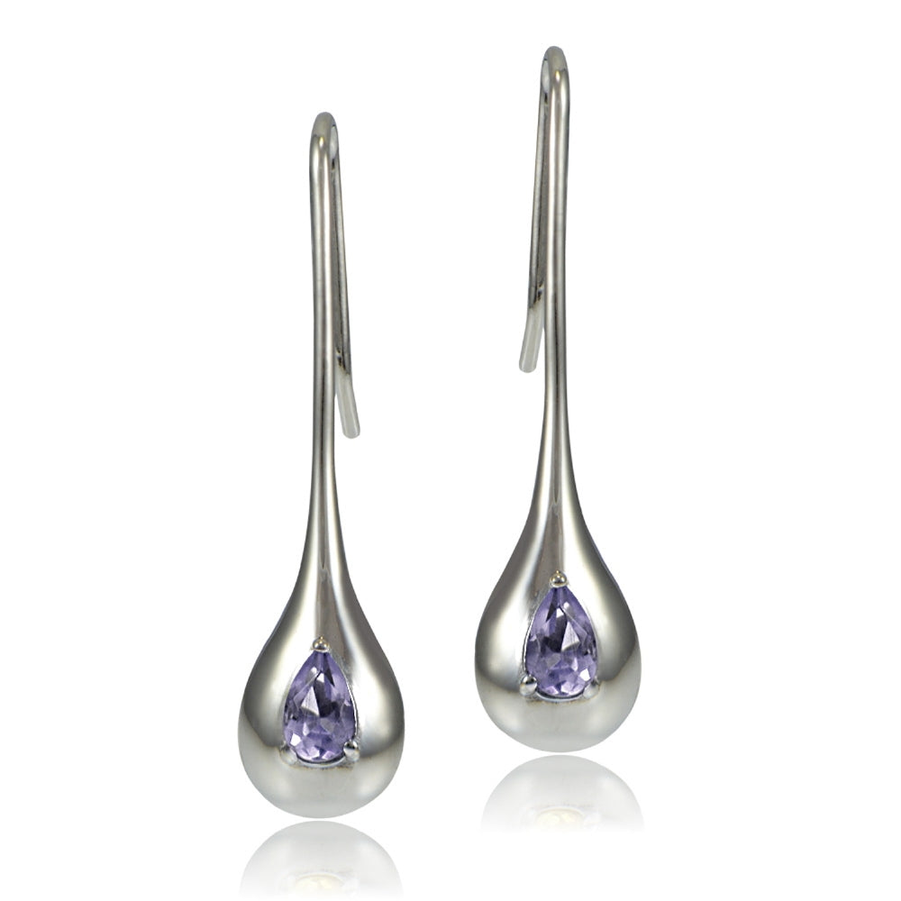 Sterling Silver Amethyst Teardrop Lotus Drop Earrings