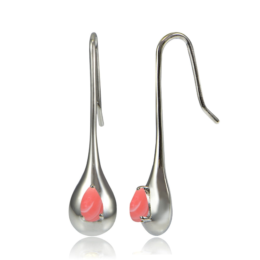 Sterling Silver Dyed Coral Teardrop Lotus Earrings