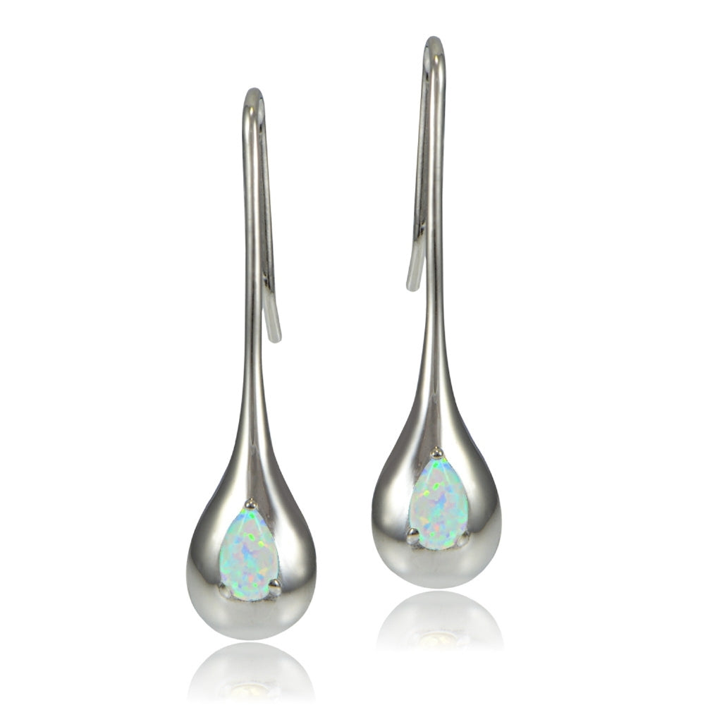 Sterling Silver Created White Opal Teardrop Lotus Drop Earrings