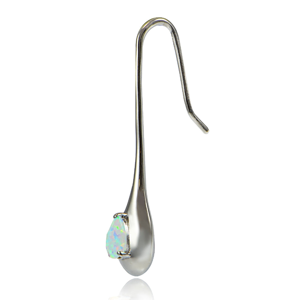 Sterling Silver Created White Opal Teardrop Lotus Drop Earrings-2