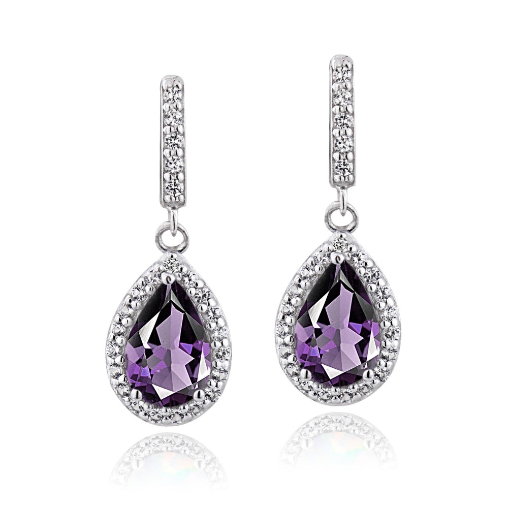 Sterling Silver 4ct TGW Amethyst & White Topaz Teardrop Dangle Earrings