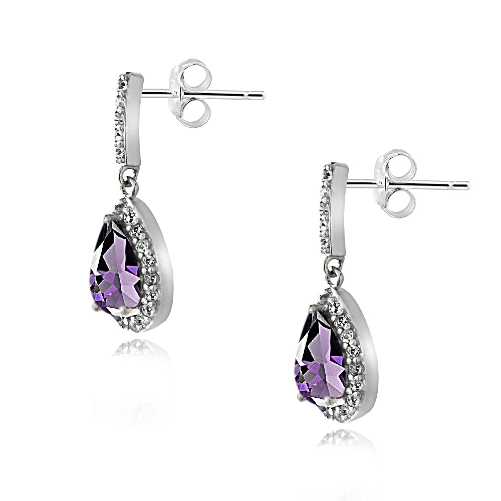 Sterling Silver 4ct TGW Amethyst & White Topaz Teardrop Dangle Earrings-2