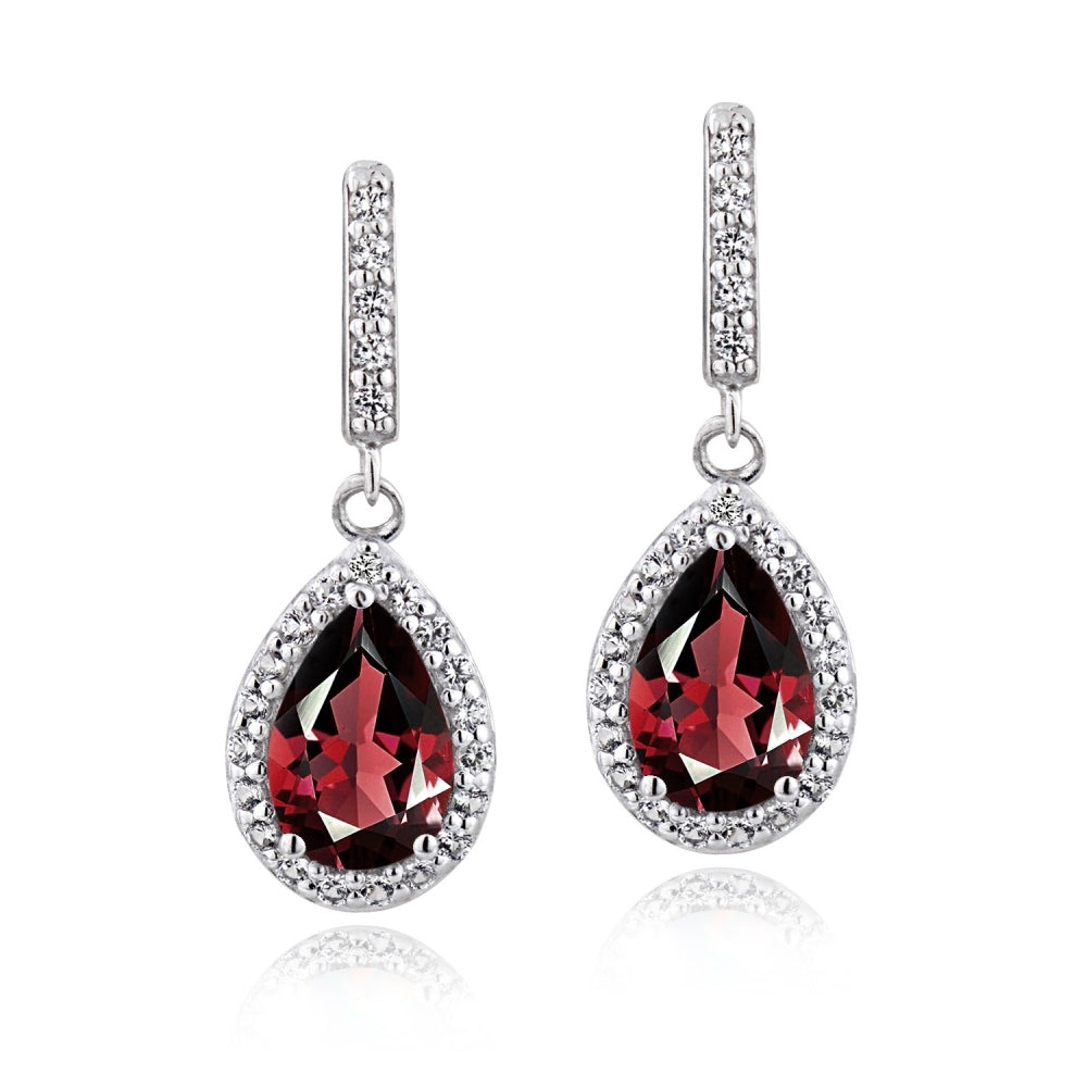 Sterling Silver 3ct TGW Garnet & White Topaz Teardrop Dangle Earrings