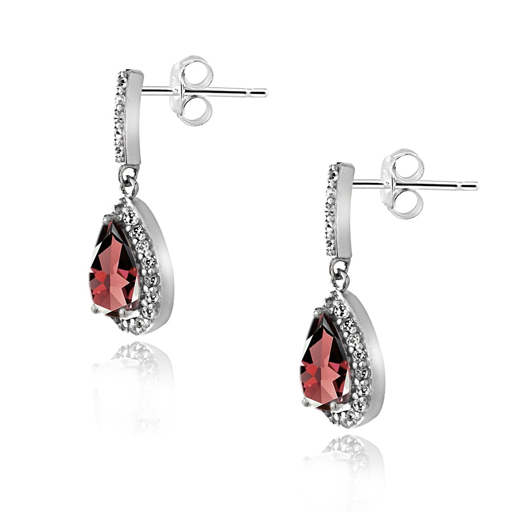 Sterling Silver 3ct TGW Garnet & White Topaz Teardrop Dangle Earrings-2