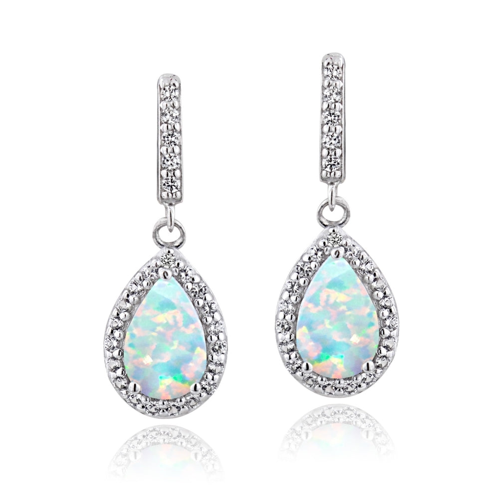 Sterling Silver 1ct TGW Created Opal & White Topaz Teardrop Dangle Earrings