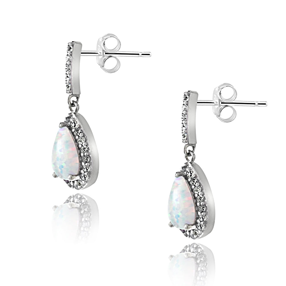 Sterling Silver 1ct TGW Created Opal & White Topaz Teardrop Dangle Earrings-2