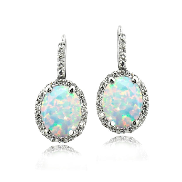 Sterling Silver Created Opal & White Topaz Oval Halo Leverback Earrings
