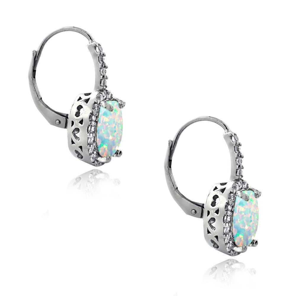 Sterling Silver Created Opal & White Topaz Oval Halo Leverback Earrings-2