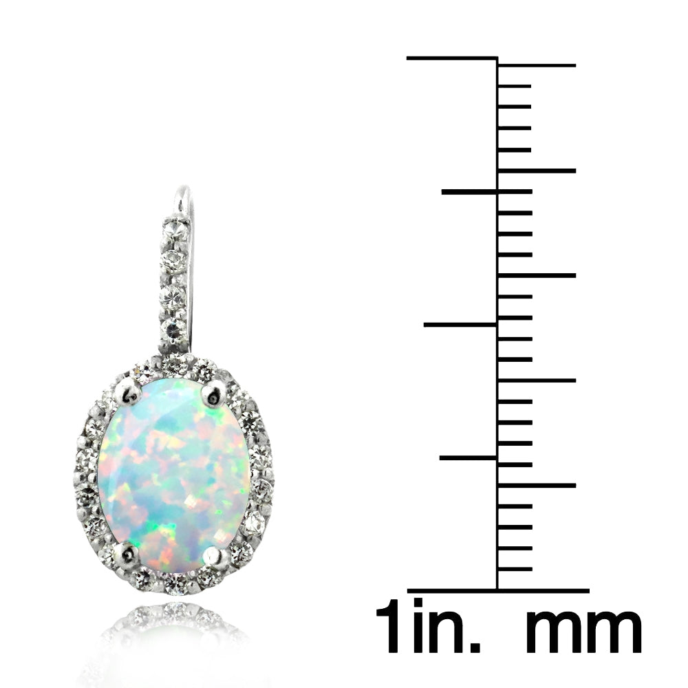 Sterling Silver Created Opal & White Topaz Oval Halo Leverback Earrings-3