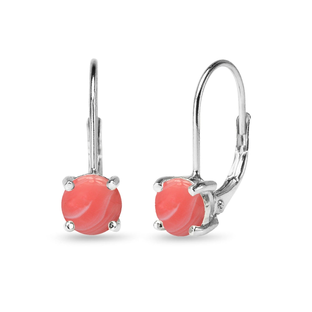 Sterling Silver Polished Created Coral 6mm Round-cut Leverback Earrings