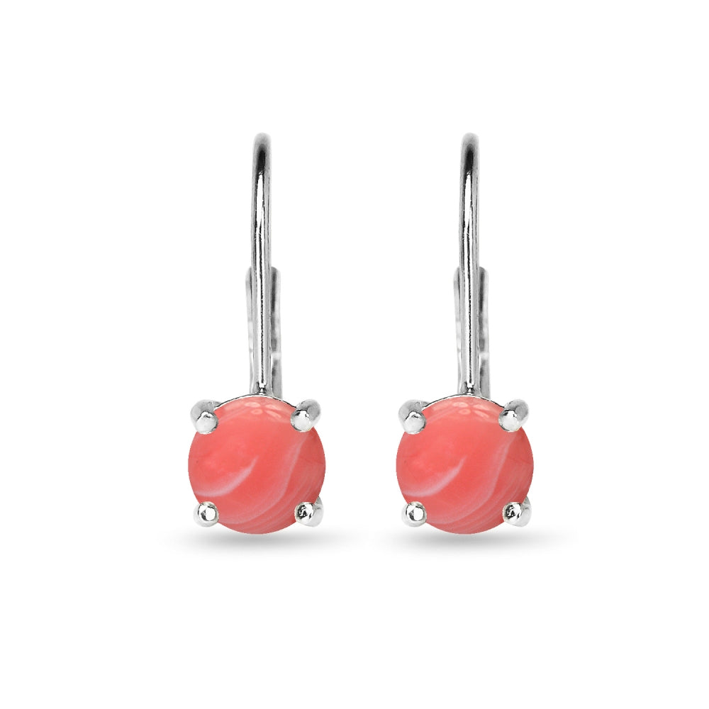 Sterling Silver Polished Created Coral 6mm Round-cut Leverback Earrings-2