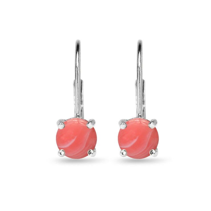 Sterling Silver Polished Created Coral 6mm Round-cut Leverback Earrings