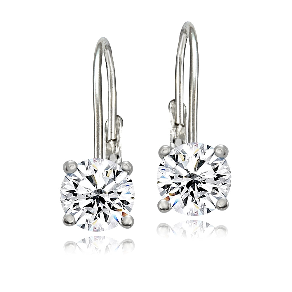 Sterling Silver Cubic Zirconia 6mm Round Leverback Earrings-2