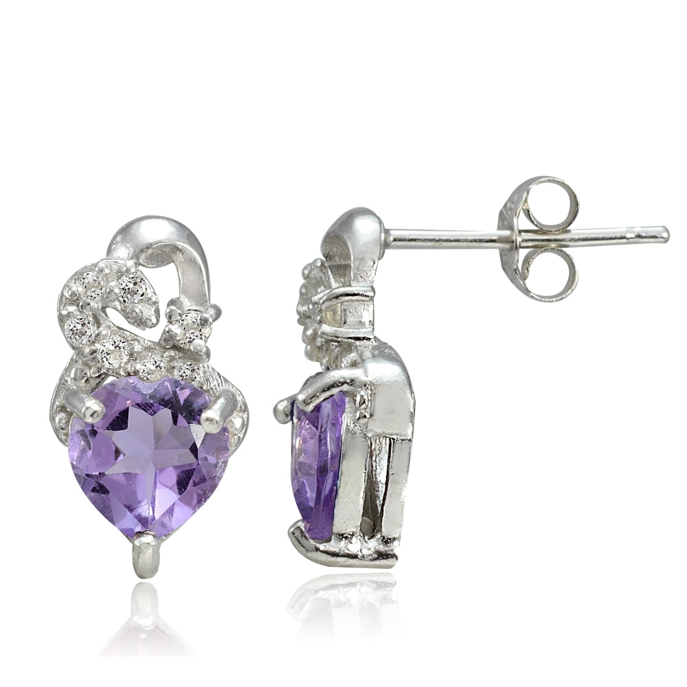 Sterling Silver 1.3ct Amethyst & White Topaz Double Heart Earrings