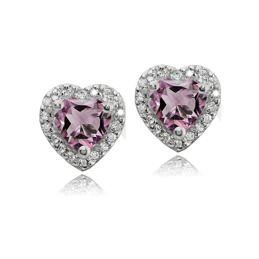 Sterling Silver Light Purple Cubic Zirconia and White Topaz Heart Stud Earrings-2
