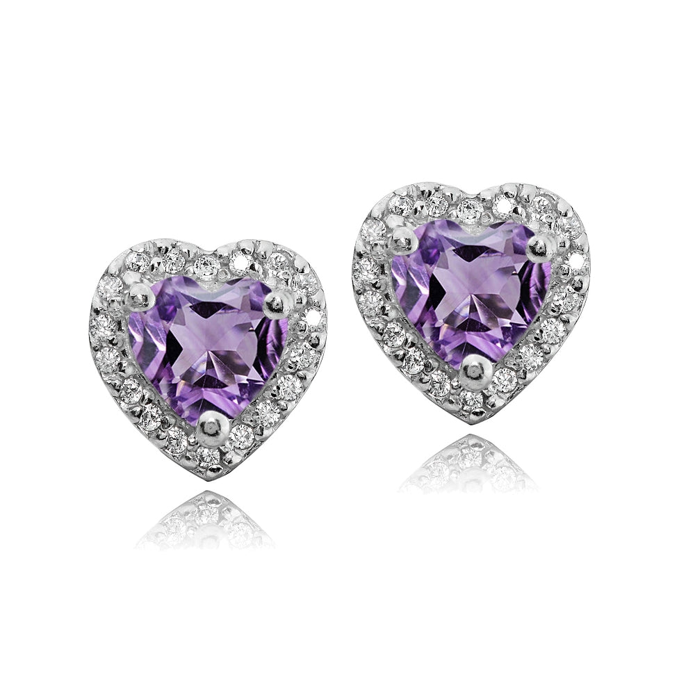 Sterling Silver 1.35ct Amethyst and White Topaz Heart Stud Earrings-2