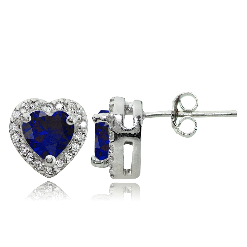 Sterling Silver 1.7ct Created Blue Sapphire and White Topaz Heart Stud Earrings