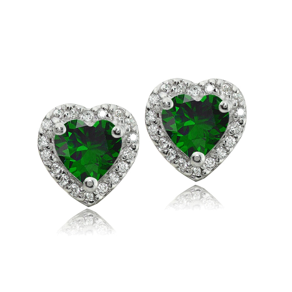 Sterling Silver 1.4ct Created Emerald and White Topaz Heart Stud Earrings-2