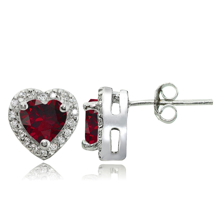 Sterling Silver 1.4ct Created Ruby and White Topaz Heart Stud Earrings