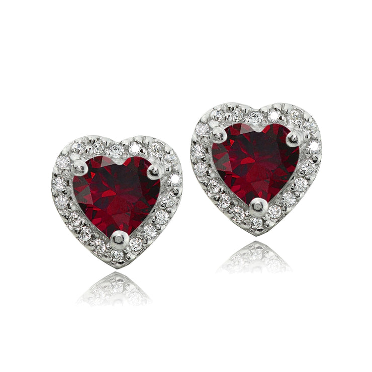 Sterling Silver 1.4ct Created Ruby and White Topaz Heart Stud Earrings