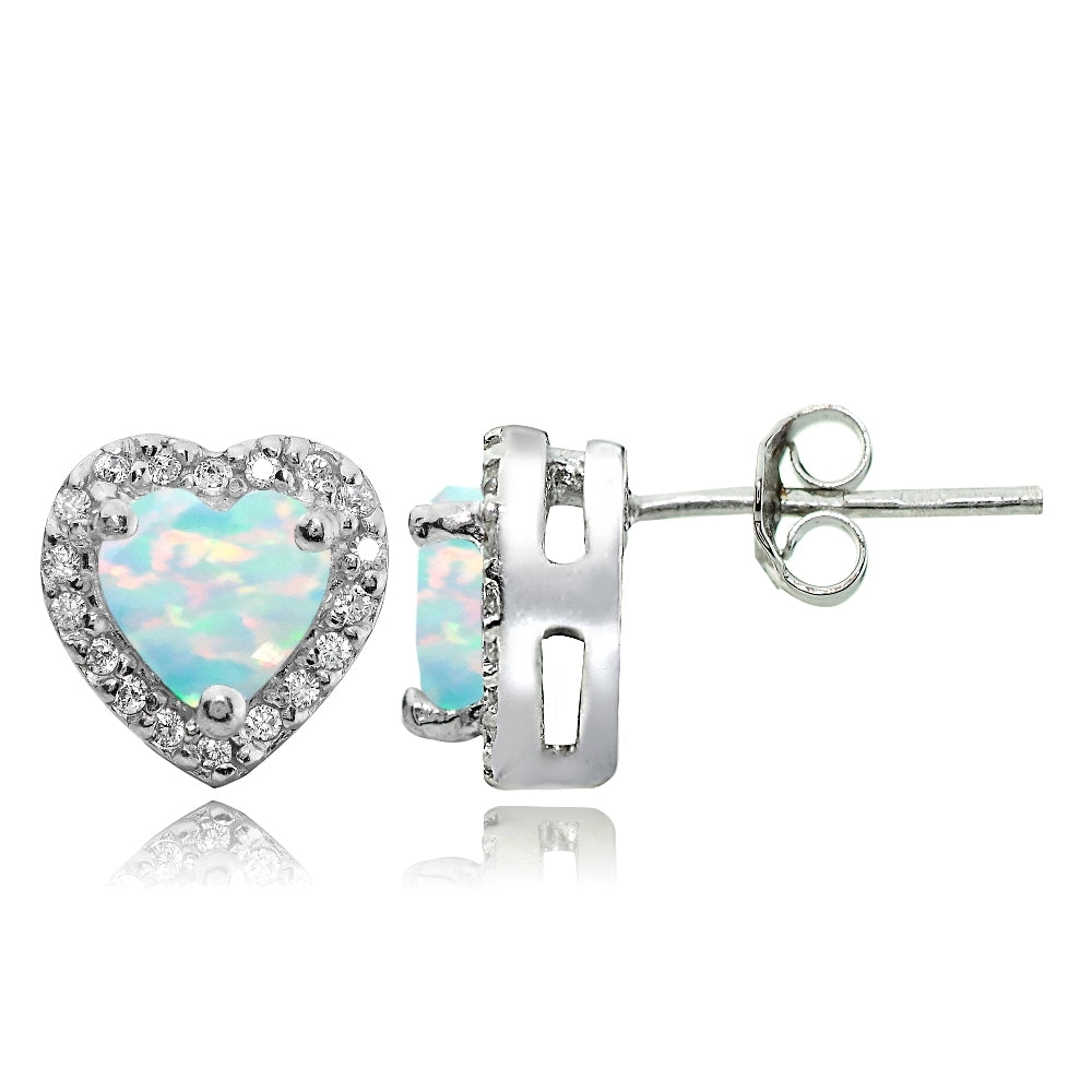 Sterling Silver .75ct Created White Opal and White Topaz Heart Stud Earrings