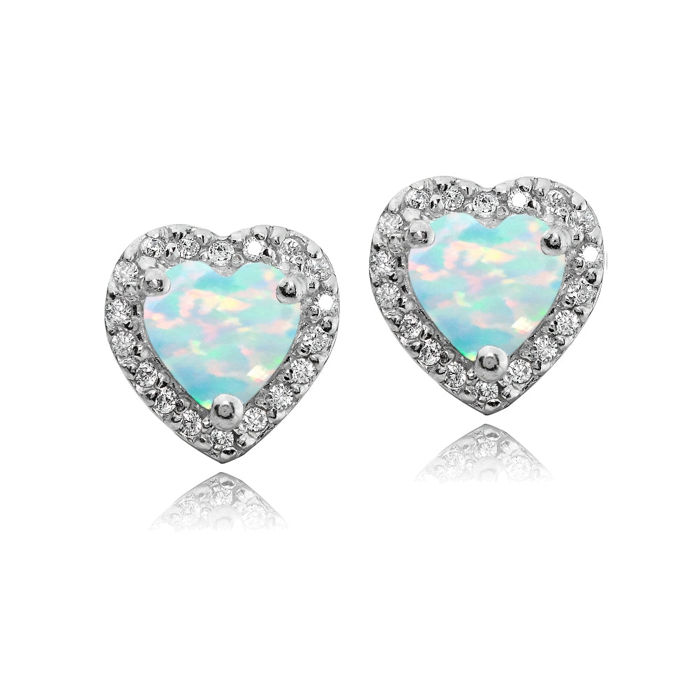 Sterling Silver .75ct Created White Opal and White Topaz Heart Stud Earrings-2