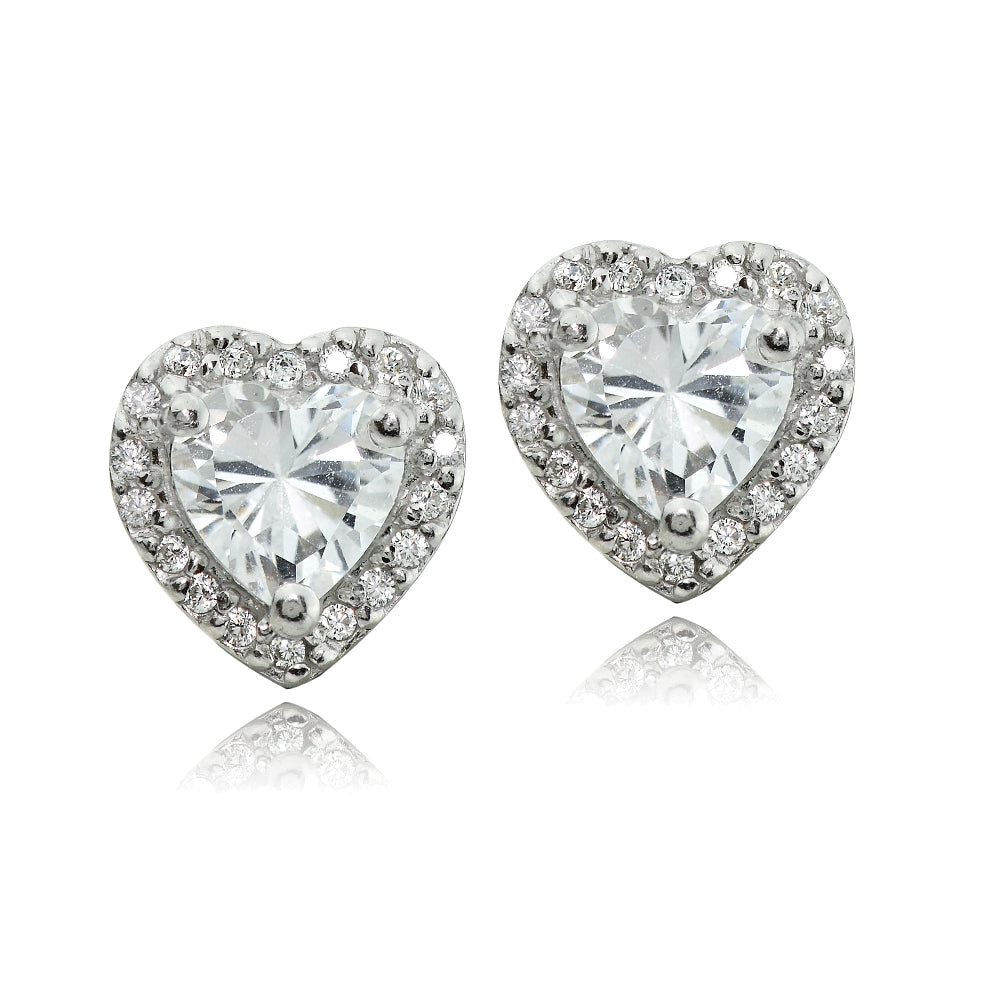 Sterling Silver Cubic Zirconia Heart Stud Earrings-2