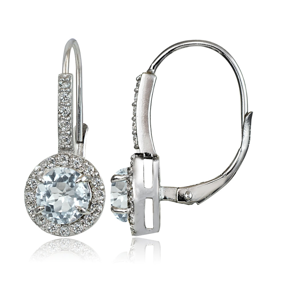 Sterling Silver Aquamarine and White Topaz Round Leverback Earrings