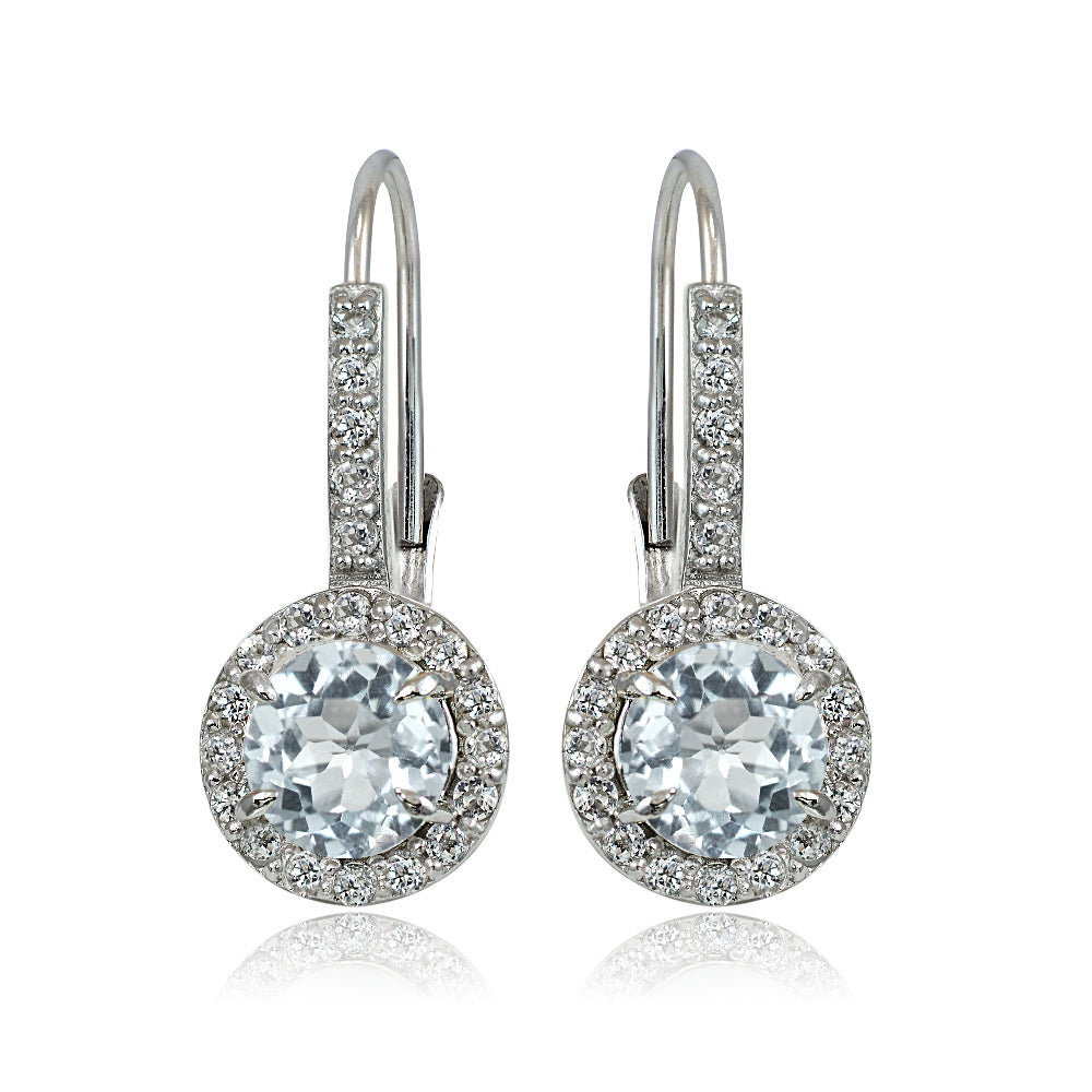 Sterling Silver Aquamarine and White Topaz Round Leverback Earrings-2
