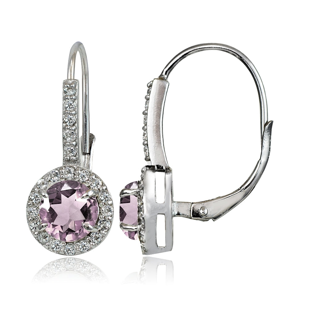 Sterling Siver Created Alexandrite and White Topaz Round Leverback Earrings