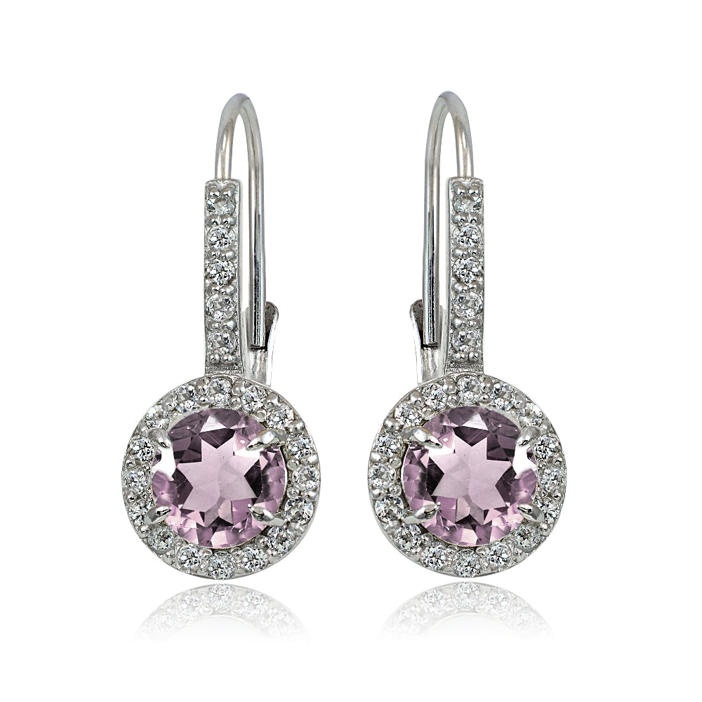 Sterling Siver Created Alexandrite and White Topaz Round Leverback Earrings-2
