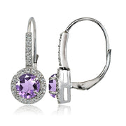 Sterling Silver Amethyst and White Topaz Round Leverback Earrings