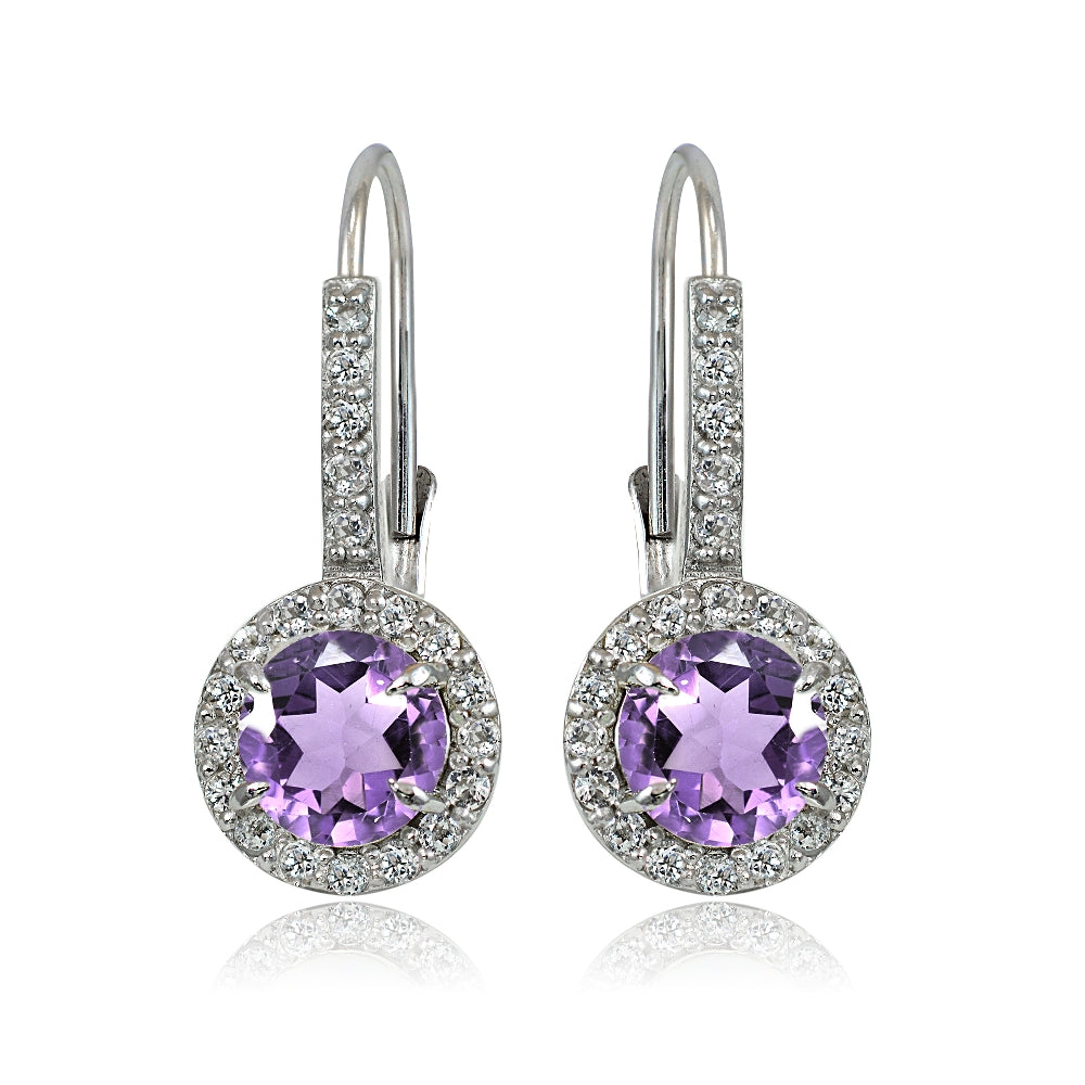 Sterling Silver Amethyst and White Topaz Round Leverback Earrings-2