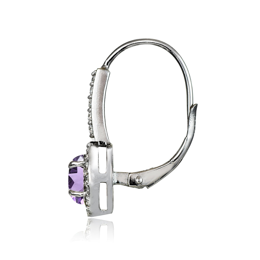 Sterling Silver Amethyst and White Topaz Round Leverback Earrings-3