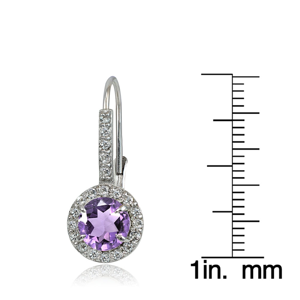 Sterling Silver Amethyst and White Topaz Round Leverback Earrings-4