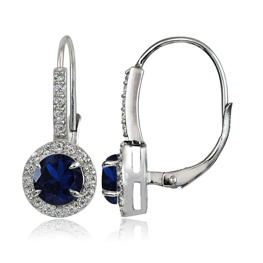Sterling Silver Created Blue Sapphire and White Topaz Round Leverback Earrings