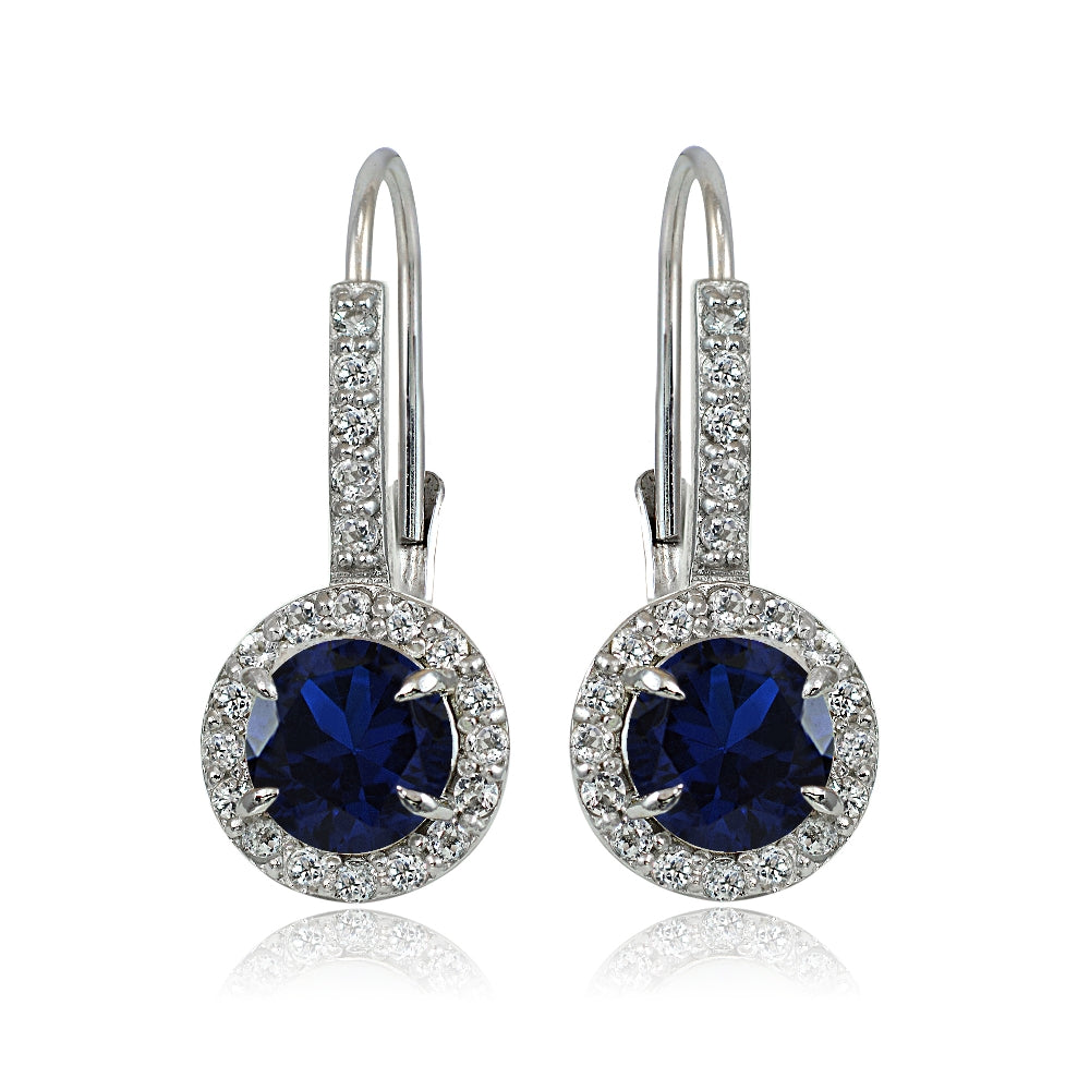 Sterling Silver Created Blue Sapphire and White Topaz Round Leverback Earrings-2