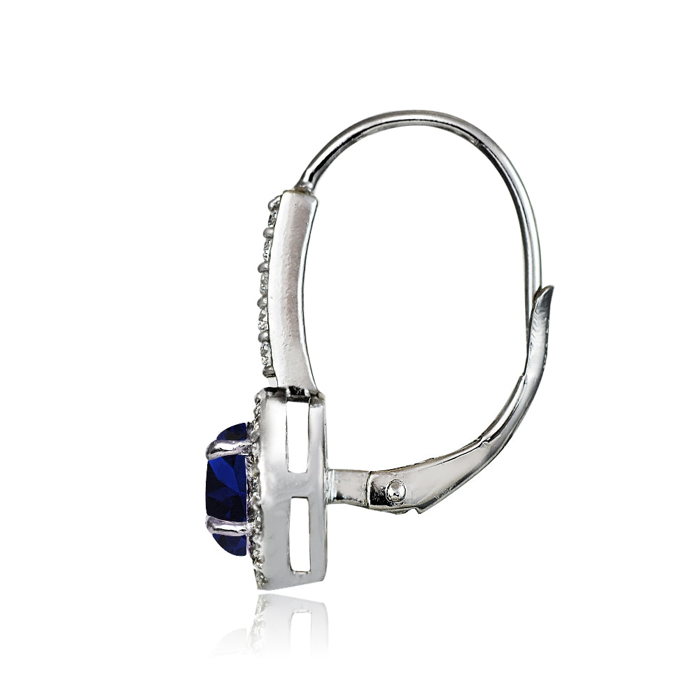 Sterling Silver Created Blue Sapphire and White Topaz Round Leverback Earrings-3
