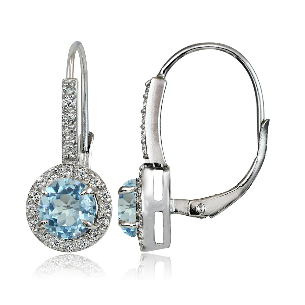 Sterling Silver Blue and White Topaz Round Leverback Earrings