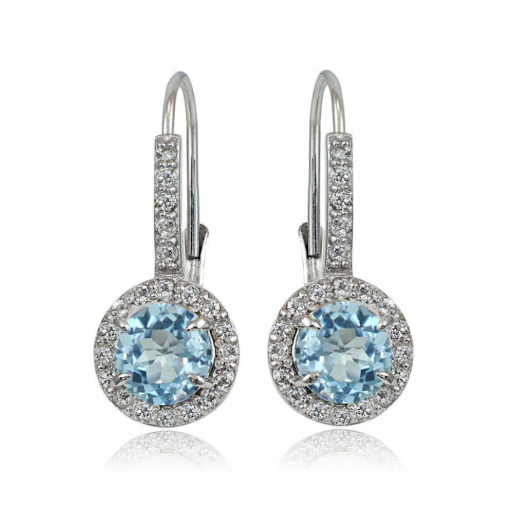 Sterling Silver Blue and White Topaz Round Leverback Earrings-2