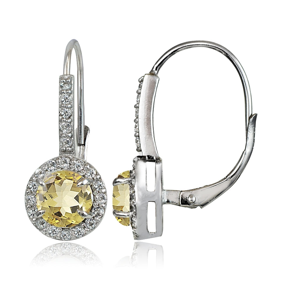 Sterling Silver Citrine and White Topaz Round Leverback Earrings