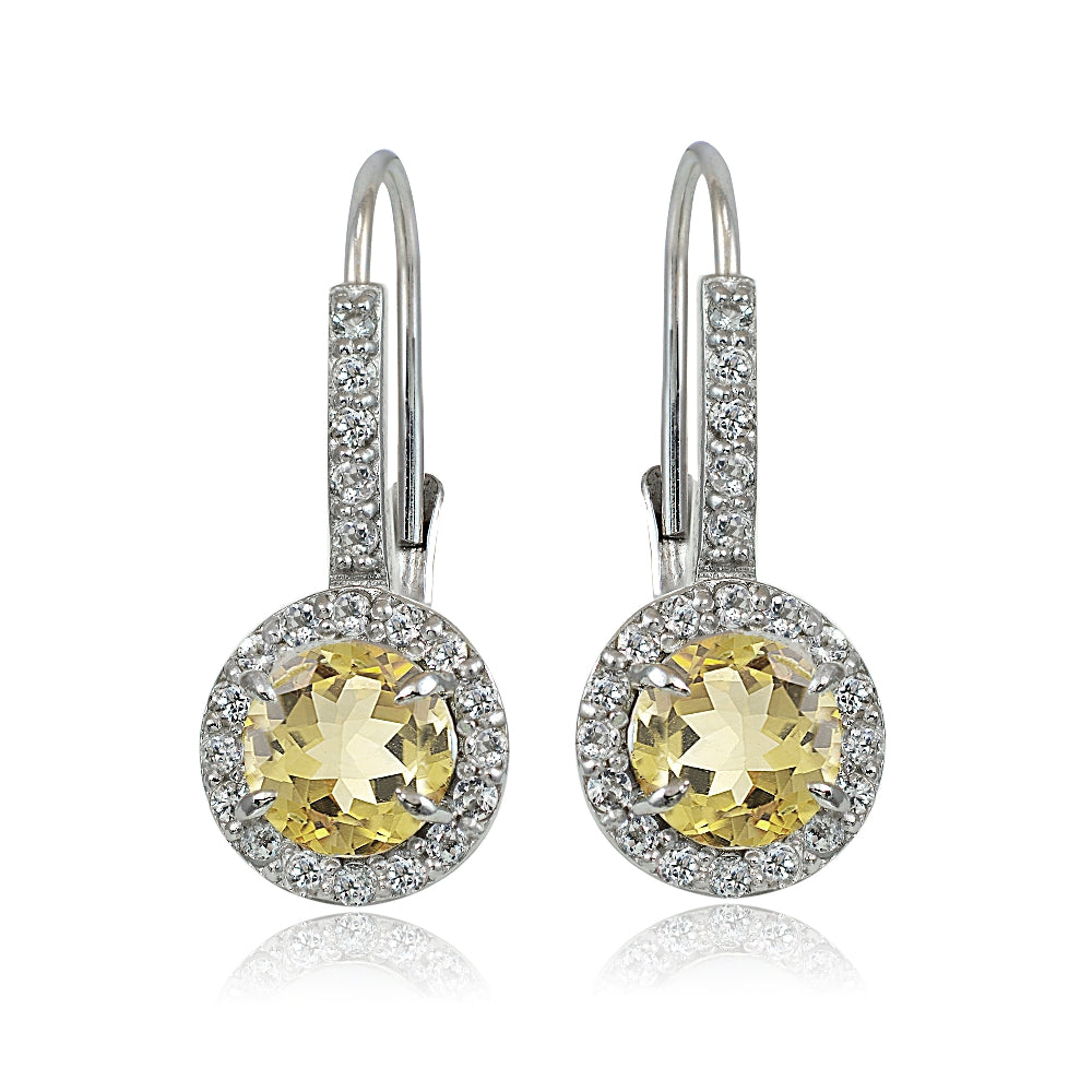 Sterling Silver Citrine and White Topaz Round Leverback Earrings-2