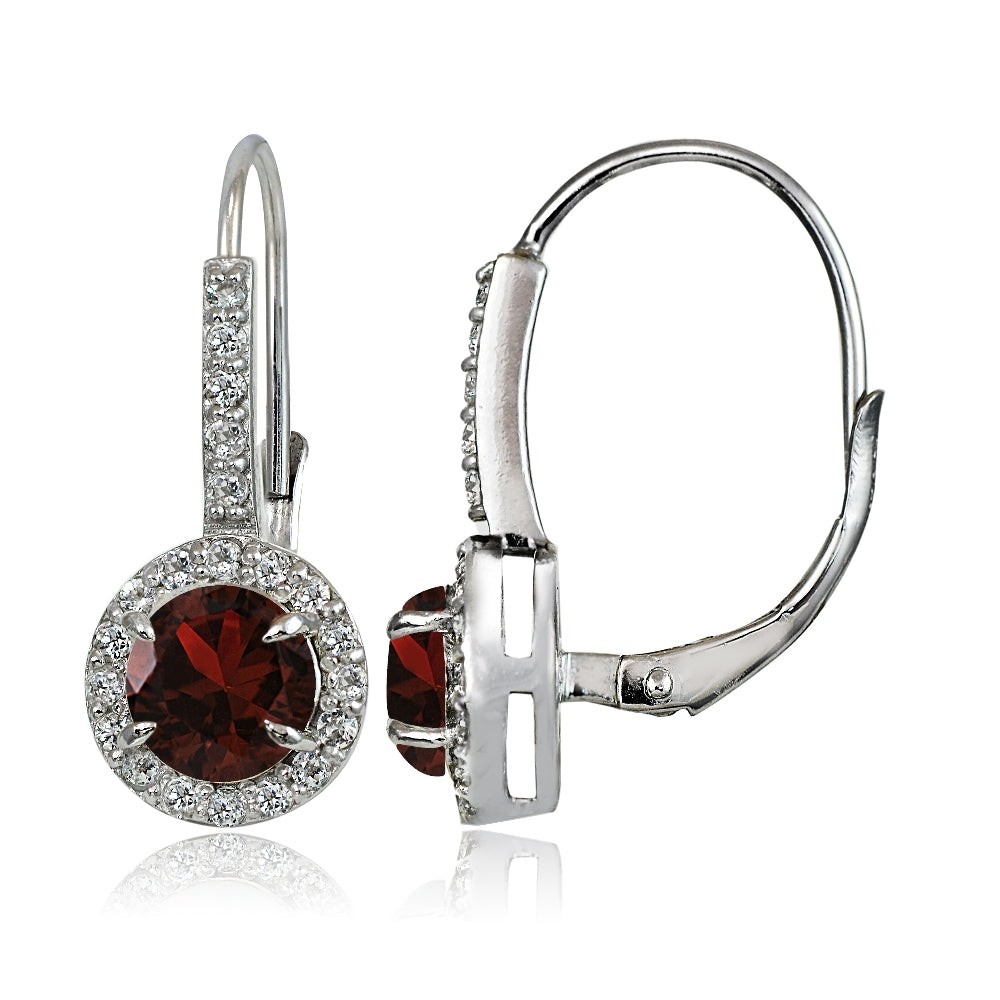 Sterling Silver Garnet and White Topaz Round Leverback Earrings