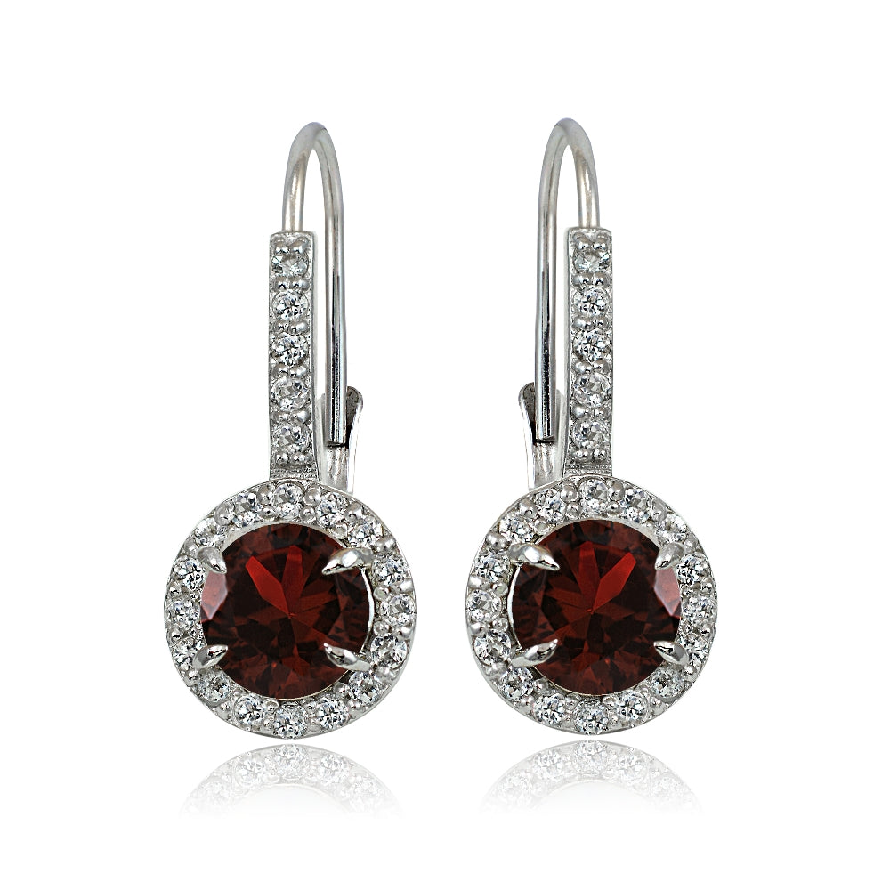 Sterling Silver Garnet and White Topaz Round Leverback Earrings-2