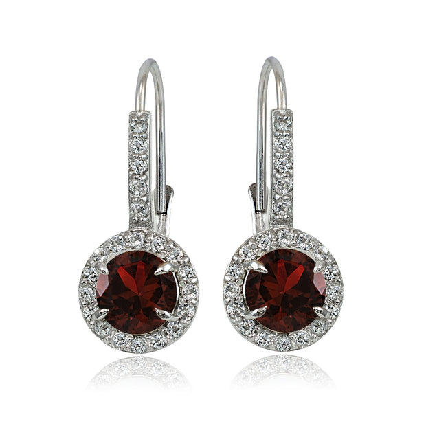 Sterling Silver Garnet and White Topaz Round Leverback Earrings