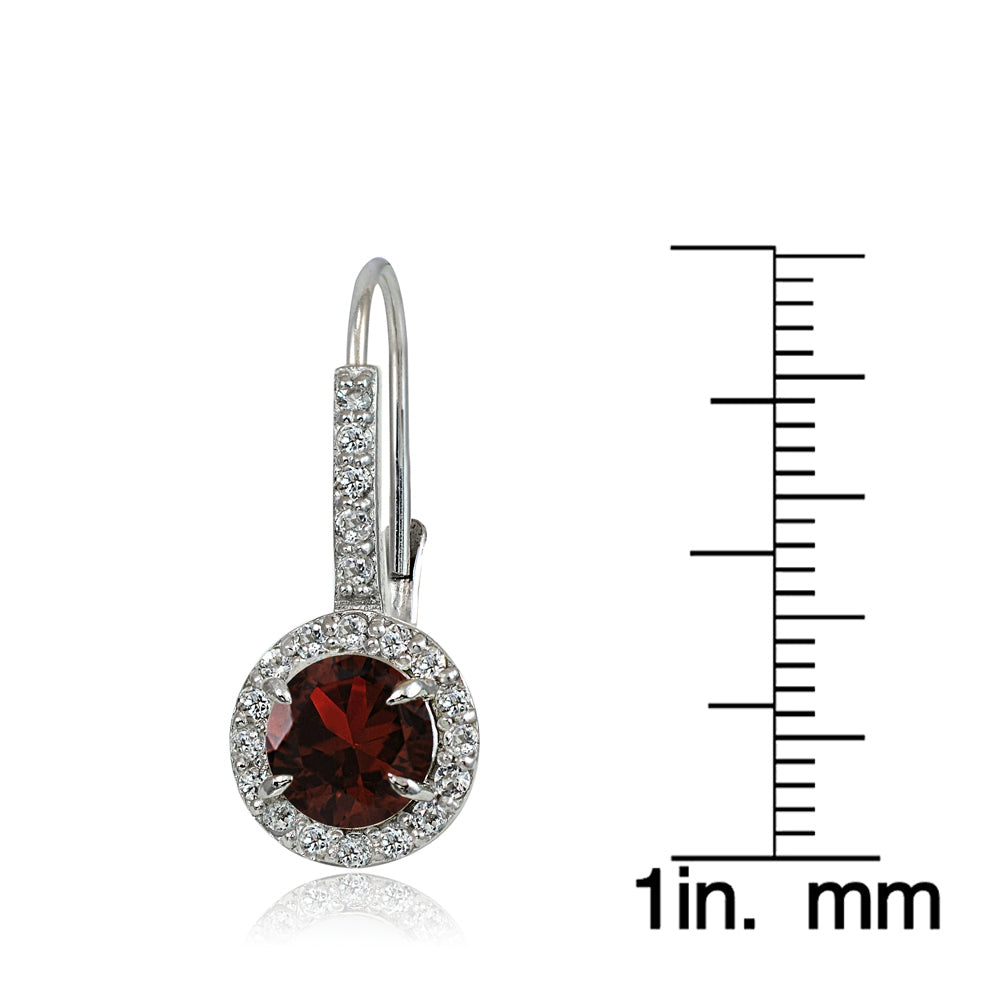 Sterling Silver Garnet and White Topaz Round Leverback Earrings-4