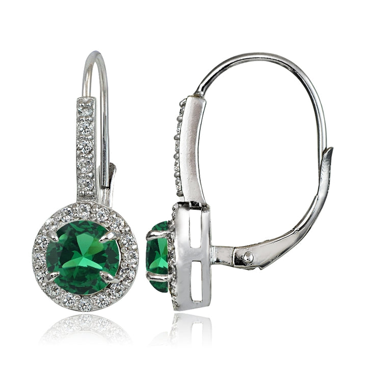 Sterling Silver Created Emerald and White Topaz Round Leverback Earrings