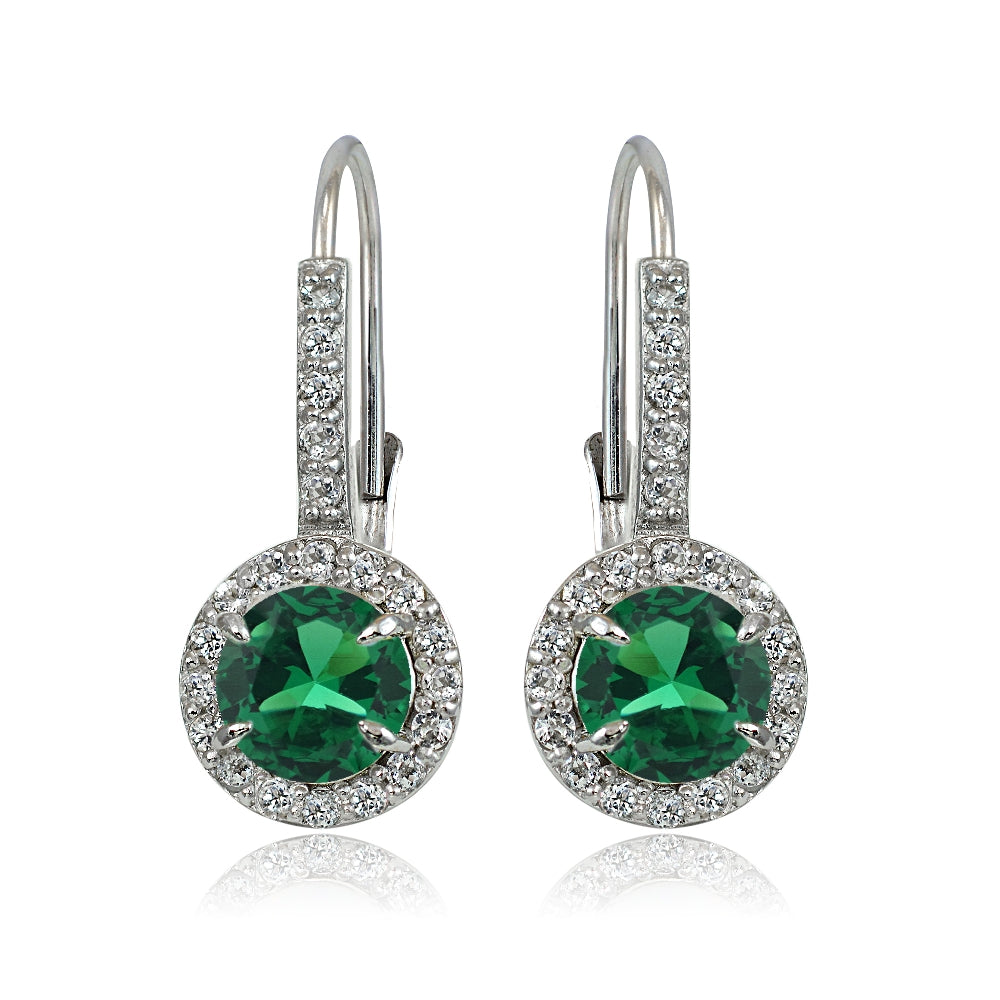 Sterling Silver Created Emerald and White Topaz Round Leverback Earrings-2